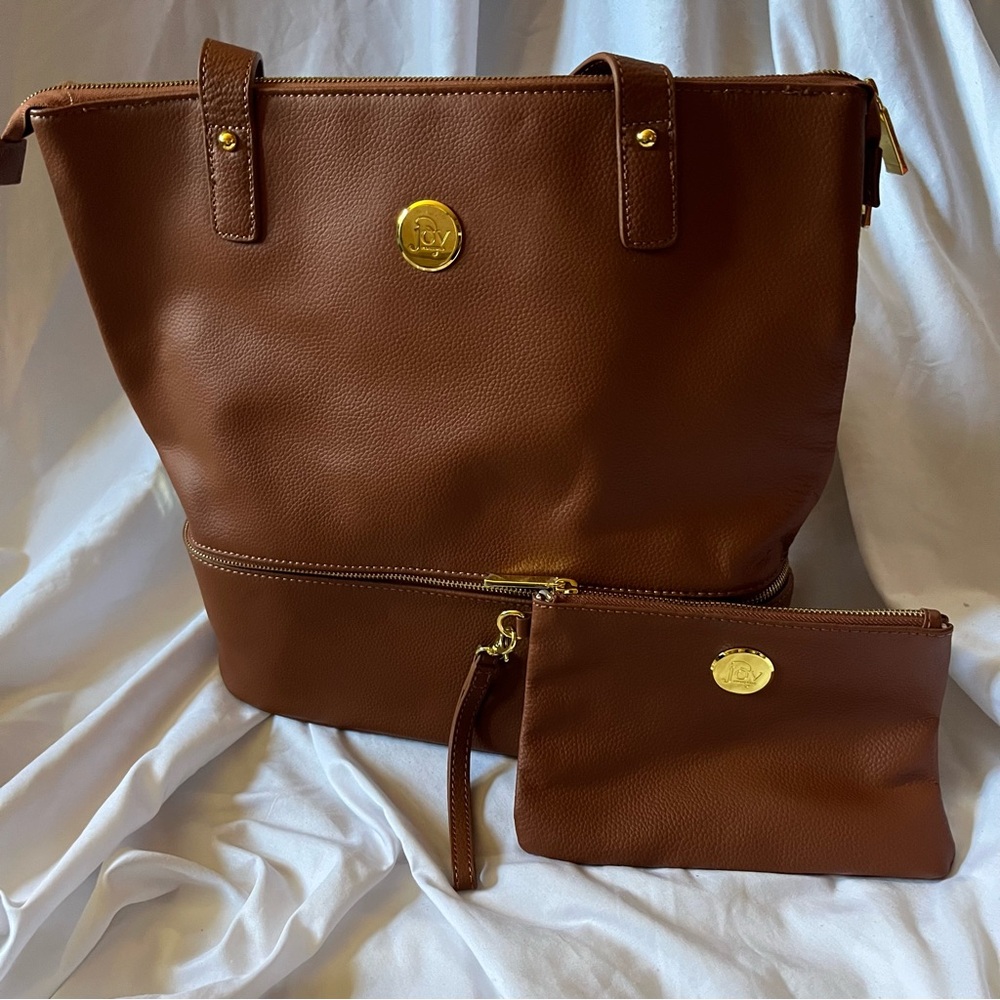 Joy Mangano Brown Leather Tote Bag with Matching Clutch Bag